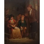 Antique Oil on board depicting forlorn scene between adults and children, within gilt moulded