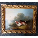 Antique Oil on canvas depicting dogs hunting. Fitted within a gilt frame [22x27cm]
