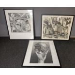 A lot of three black and white art prints after M.C. Escher 'Concave and Convex' 'Relativity Escher'