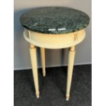 Regency style table the circular marble top above a frieze, raised on fluted legs [77cm high, 50cm