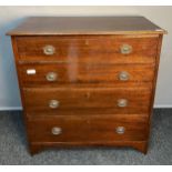 19th century chest, the rectangular top with moulded edging above a bank of four drawers, raised