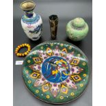 A Selection of Chinese Cloisonné ware items, includes Green trim ground and bird design charger,