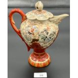 Antique Japanese Satsuma hand painted coffee pot with lid. Highly detailed figure panels. [21cm