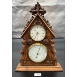 Antique hand carved mantel clock and barometer. Wooden case designed in a church style building.