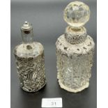 Two various antique Birmingham silver mounted and glass perfume bottles. [17cm high]