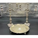 A Large pair of antique silver plated on copper Candelabras, Together with an ornate serving tray [