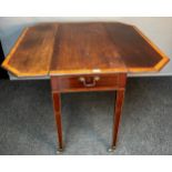 Antique table, the rectangular crossbanded top flanked by two drop sides, with pull-out drawer,