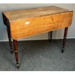 Antique drop end table, the rectangular top with two drop end leaves above a single drawer to the