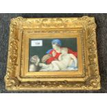 19th century painting of mother and two children. Fitted within an ornate moulded gilt frame. [