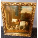 Antique Oil on board depicting horse and dogs after hunting trip [30x25cm]