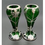 A Pair of Art Nouveau Green glass and silver overlay bud vases. Marked to rim. [10.2cm high]