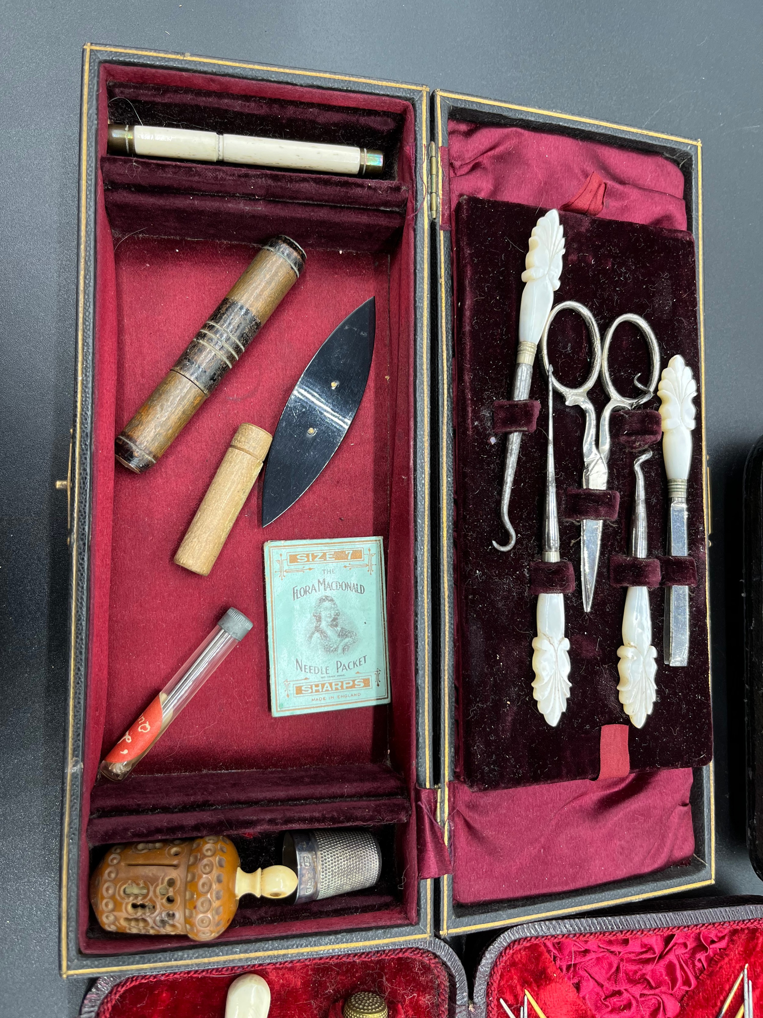 A Lot of cased/ boxed manicure/ sewing utensils. Includes mother of pearl handles tools and silver - Image 3 of 7