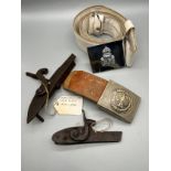 East German Airforce belt buckle, Irish Light Horse buckle and belt, Together with rifle and