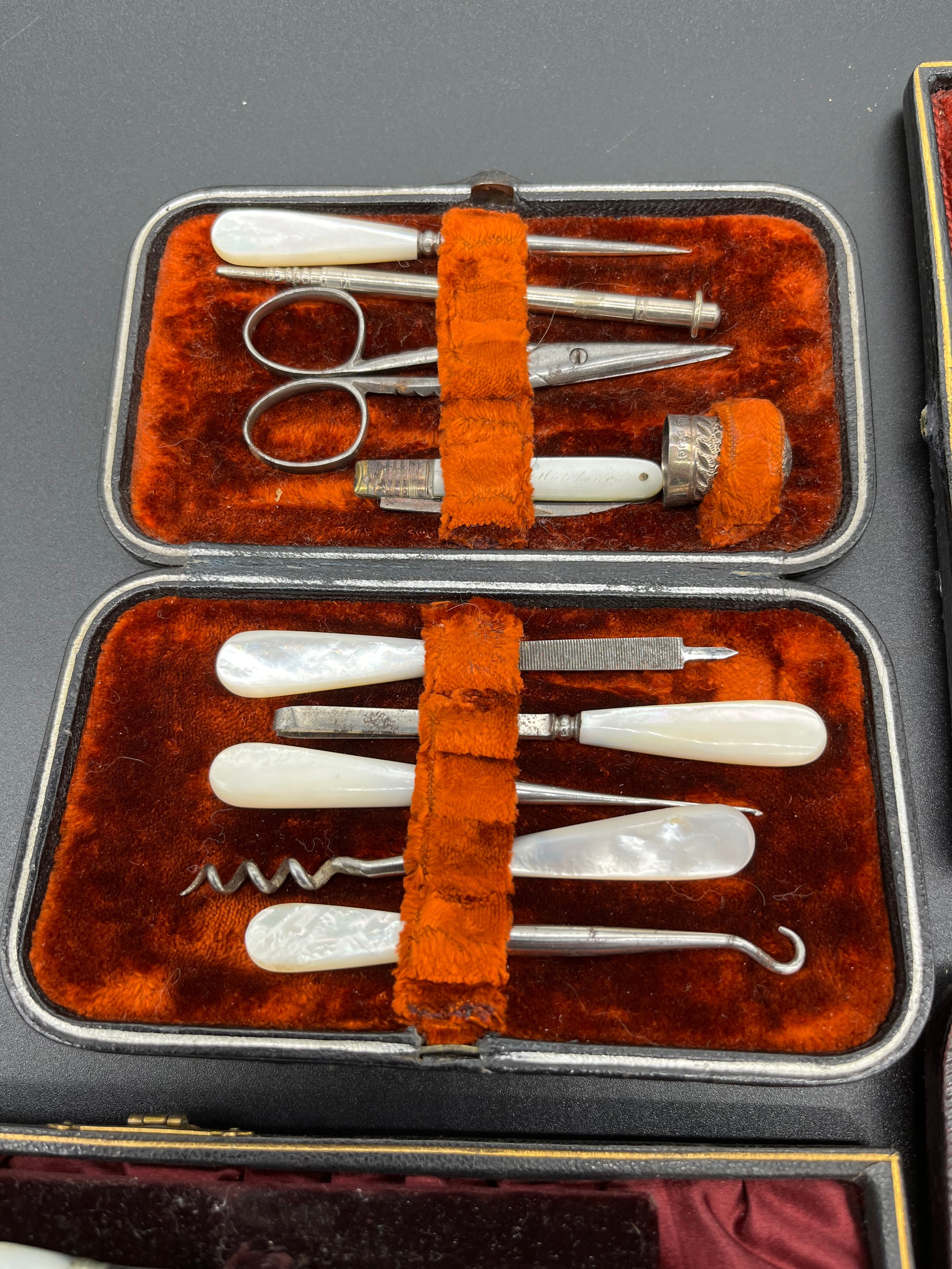 A Lot of cased/ boxed manicure/ sewing utensils. Includes mother of pearl handles tools and silver - Image 5 of 7