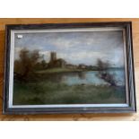 Antique oil painting on canvas depicting church and loch scene. Unsigned. [Frame 43x61cm] [Will