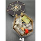 Antique Sewing box made from hardwood and quills, Containing collectable odds, cased needles,