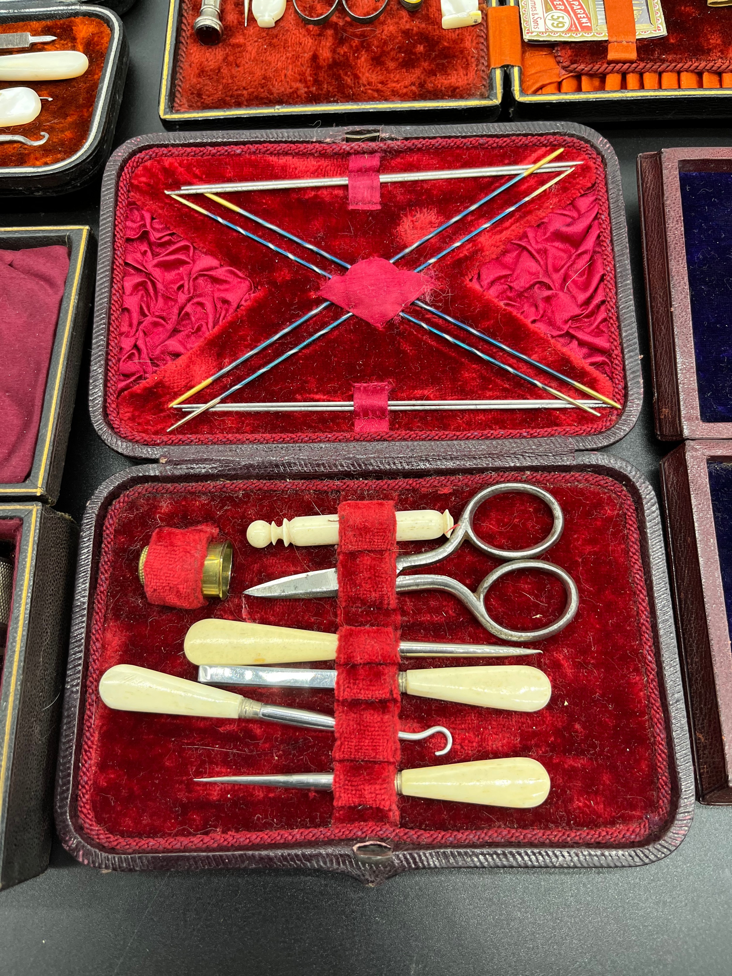 A Lot of cased/ boxed manicure/ sewing utensils. Includes mother of pearl handles tools and silver - Image 4 of 7