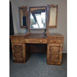 19th century walnut dressing table, the three way mirror above twin lift-up jewellery compartments