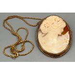 Ladies 9ct yellow gold necklace together with a 9ct yellow gold and cameo carved pendant/ brooch. [