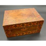Antique marquetry inlaid sewing box containing various collectables. Sheffield silver and mother