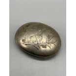 Antique plated snuff box in the shape of a military beret hat, engraved with a stag and thistles,