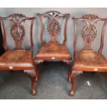 Trio of Victorian mahogany chairs, the highly carved shaped back with central carved and pierced