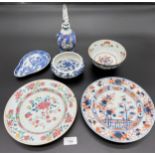 Selection of Antique Chinese porcelain wares to include plates, blue and white dragon design bowl