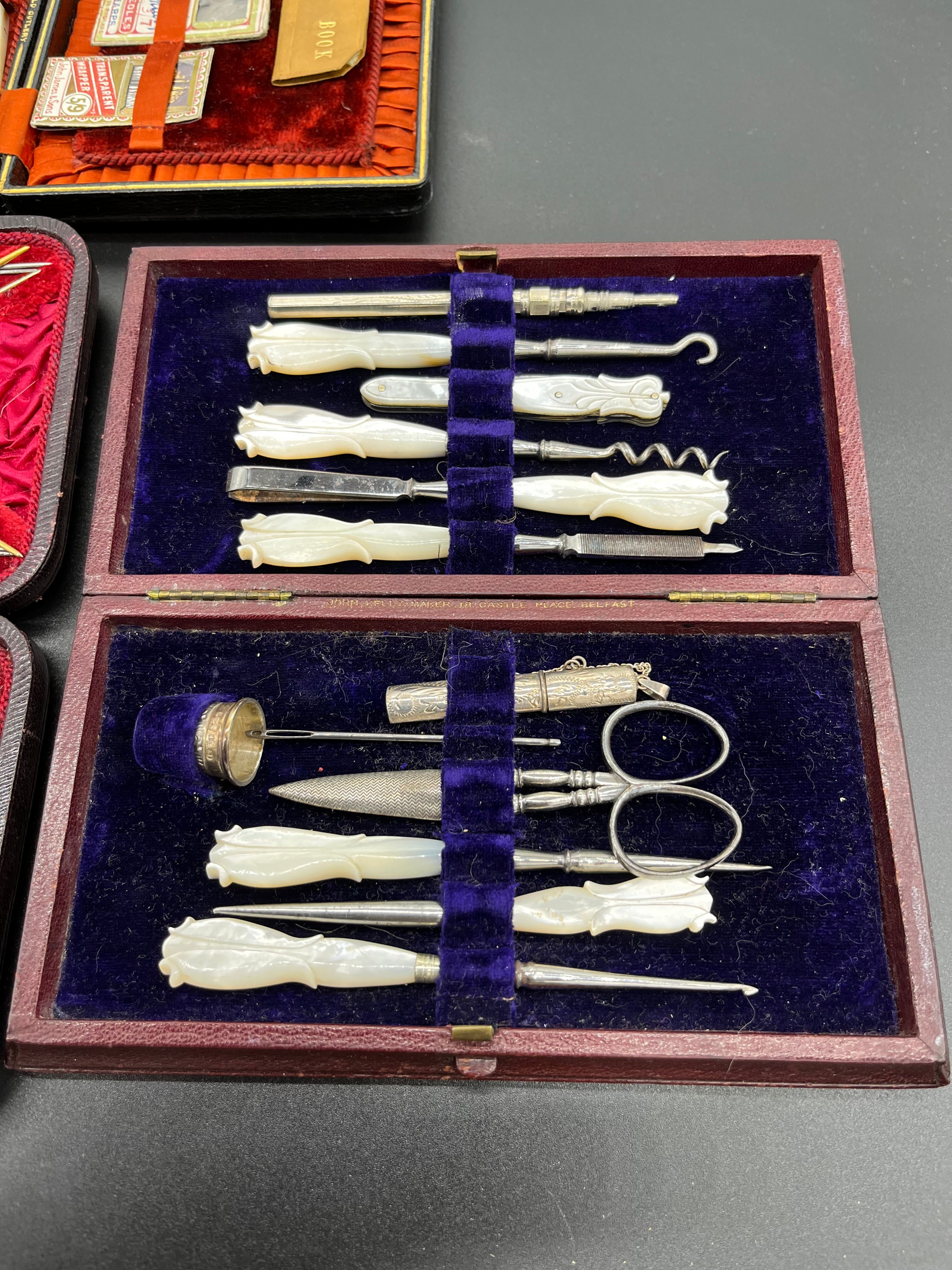 A Lot of cased/ boxed manicure/ sewing utensils. Includes mother of pearl handles tools and silver - Image 2 of 7