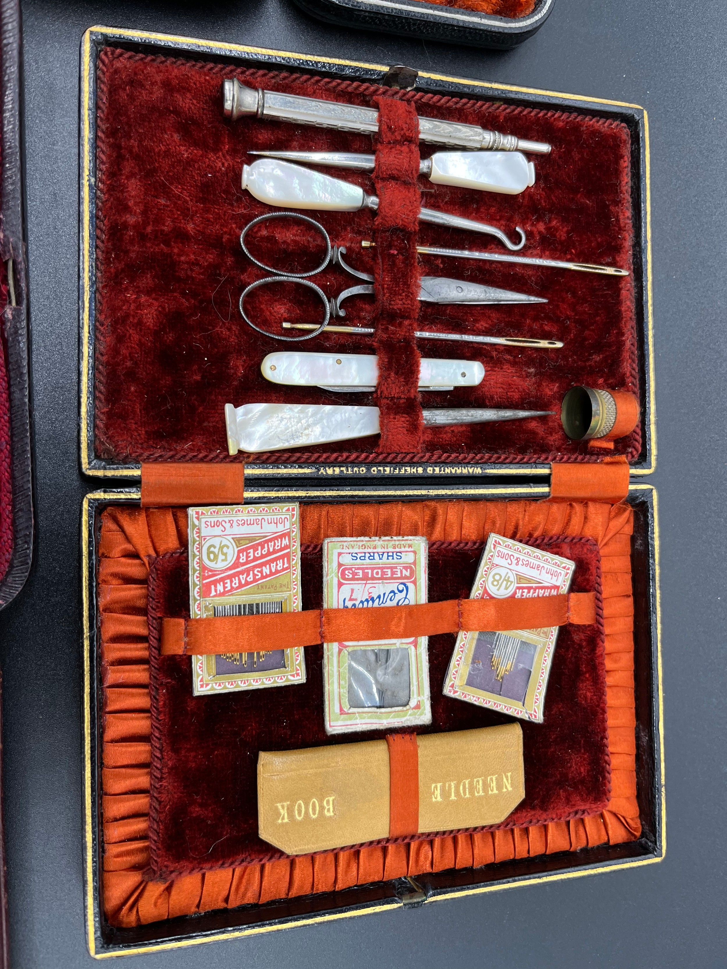 A Lot of cased/ boxed manicure/ sewing utensils. Includes mother of pearl handles tools and silver - Image 6 of 7