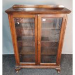 Antique oak bookcase, the raised rectangular top above two etched glass doors opening to shelved