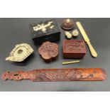 A Collection of antique/ vintage Chinese collectables to include Two Cinnabar lidded boxes, Two hand