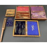 A Selection of antique/ vintage mathematic compass/ drawing utensils all within fitted boxes.