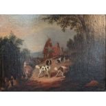 Oil on canvas, depicting figures on hill with dogs, signed and dated 179* [48x60cm]