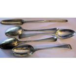 A group of five pieces of mid 18th century flatware, indistinct London marks, a marrow scoop and