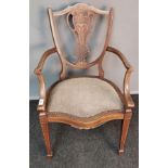 Edwardian inlaid chair, the shield shaped back with carved pierced central splat, above open