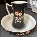 Crown Devon Floral design, black ground water jug and wash bowl