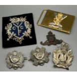 Kings Own Scottish Borders Cap badge, two light infantry cap badges, Royal Regiment of Scotland belt