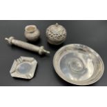 A Selection of 800 and 900 grade silver marked items, Includes scroll holder, dish containing coin