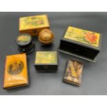 A Quantity of mauchline ware items to include Sewing box, two thread dispensers, Two boxes and two