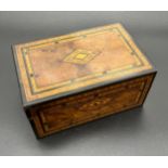 Antique sewing box detailing marquetry inlay and fitted interior. [11x22x14cm]