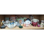 Shelf of collectables to include collectable Beatrix Potter tea pot etc .