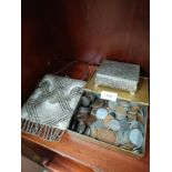 Box of collectable coins , vintage evening purse together with ornate metal box .