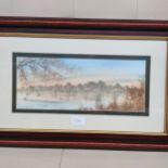Water colour depicting birds flying over lake signed P . Swindells .