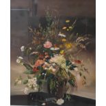 Still life oil painting depicting flowers and books [L. Blackie] [49x43cm]