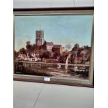 Oil painting depicting yachts lake scene with church in the back ground signed H Rathbone.