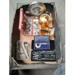 Box of collectables includes compass set, boxed gauge instrument & art deco clock etc .