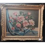 Still life oil painting depicting roses in vase above a blue cloth [Milne] [66x76cm]