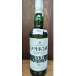 Bottle of Laphroaig Islay single malt whisky full and sealed .