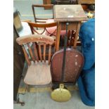 Antique plant stand , brass antique chess nut warmer, bagatelle game together with antique chair .