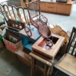Lot of furniture includes tool chest , vintage folding stool , piano stool and dolls pram .